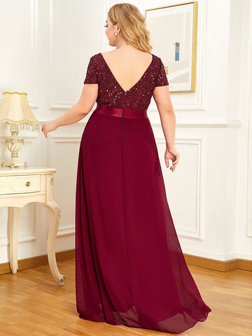Chiffon Sequin Capped Sleeve Empire Waist Evening Dress