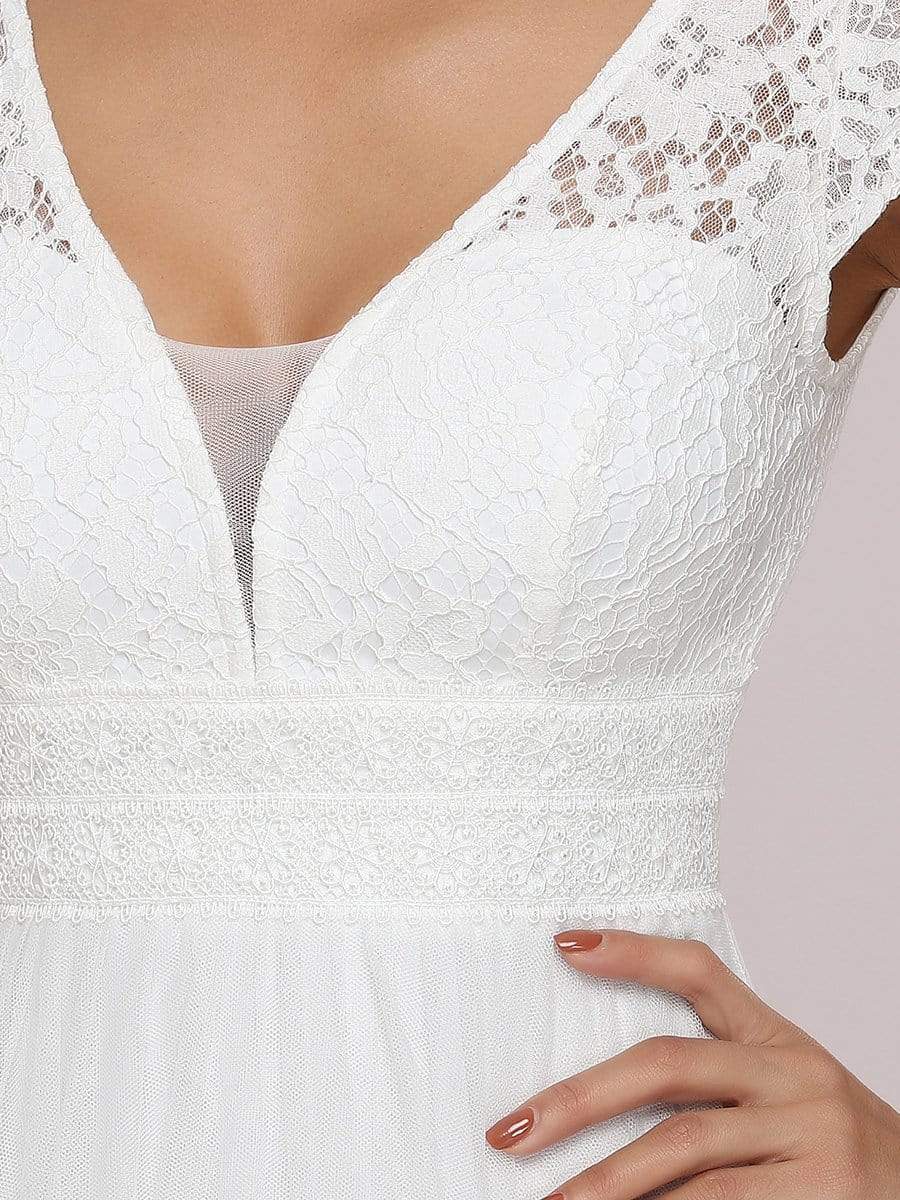 Lace V-Neck Floor Length Cap Sleeve Casual Wedding Dress