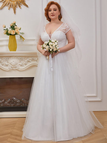 Plus Size Lace Cap Sleeves Casual Applique Outdoor  Wedding Dress