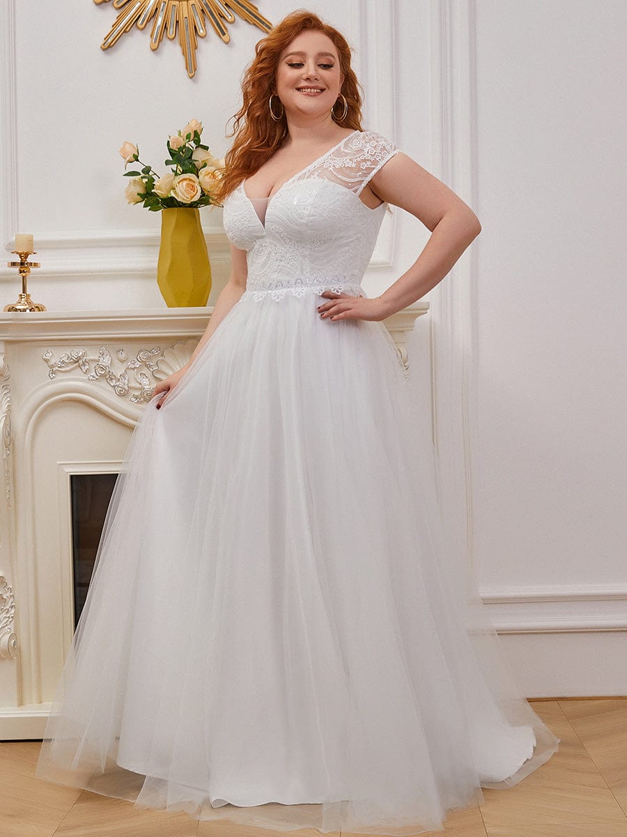 Plus Size Lace Cap Sleeves Casual Applique Outdoor  Wedding Dress