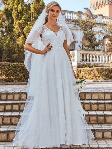 Elegant Cap Sleeves Casual Applique Outdoor Wedding Dress