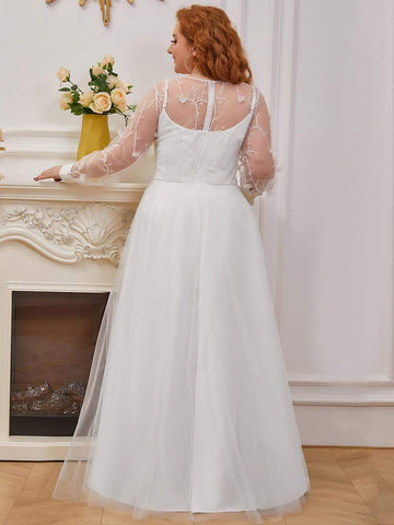 Plus-size Sheer Bodice Long Sleeves Causal Wedding Dress