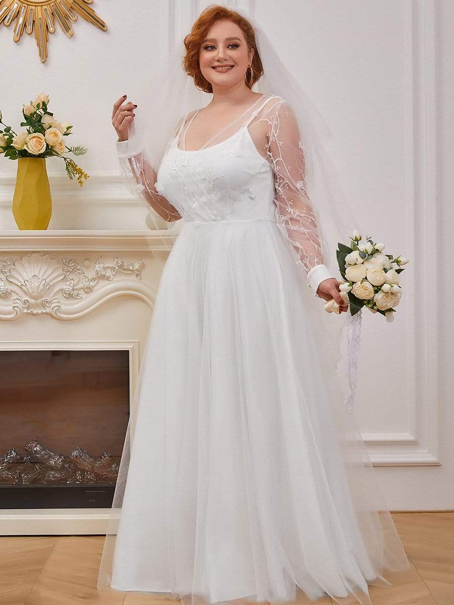 Plus-size Sheer Bodice Long Sleeves Causal Wedding Dress
