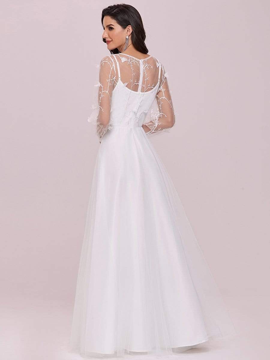 Romantic Sheer Bodice Lantern Sleeve Causal Tulle Wedding Dress