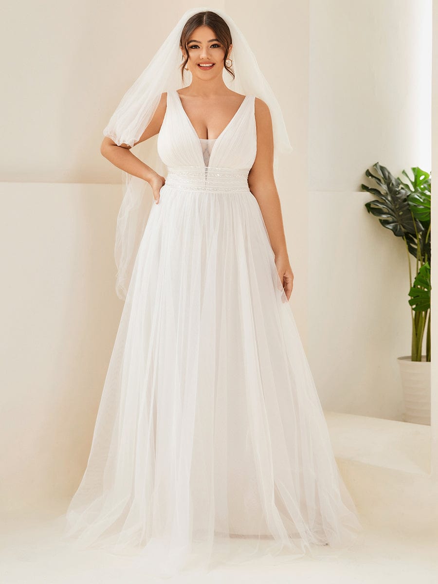 Plus Size Empire Waist Sleeveless Lace Sheer A-Line Wedding Dress