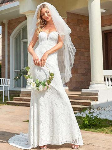 Elegant Strapless Lace Fit and Flare Causal Wedding Dress