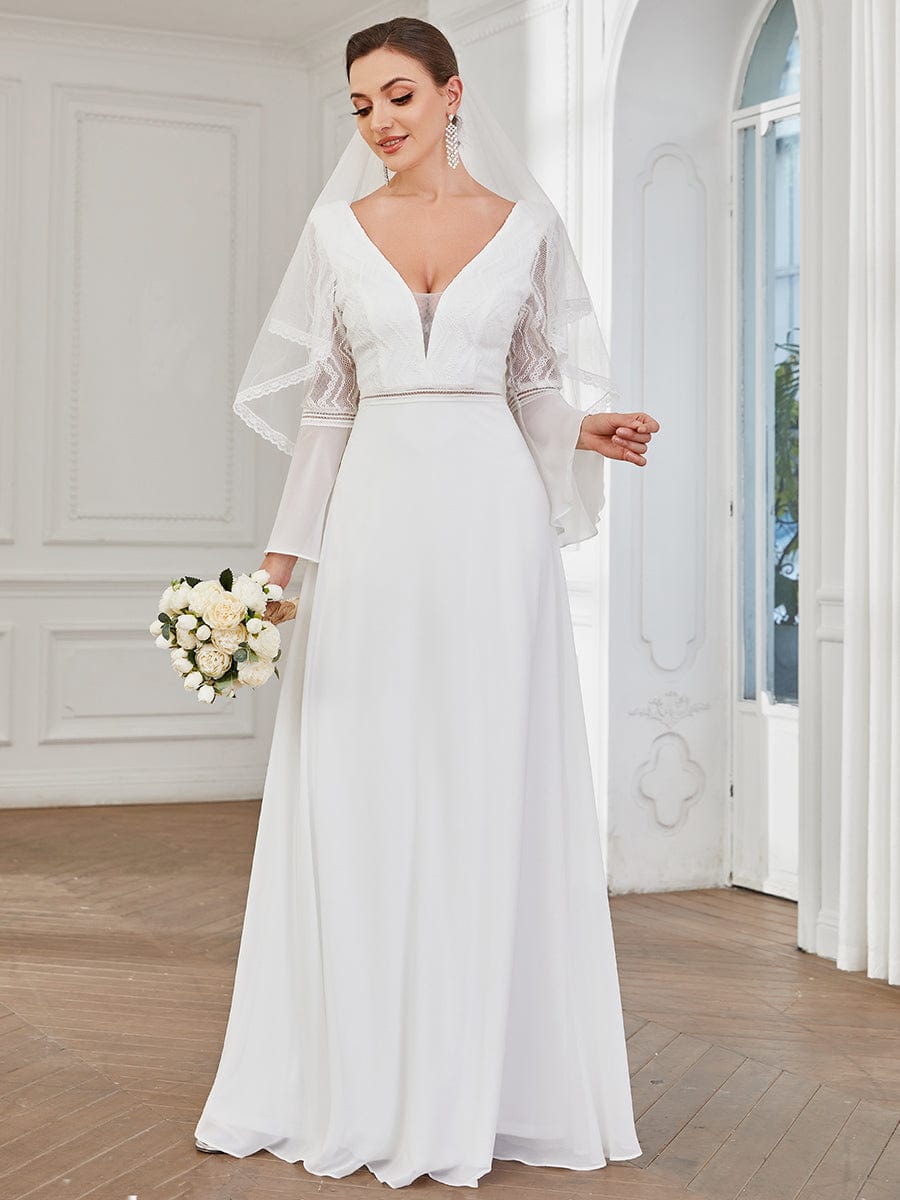 Bell Sleeve Chevron Lace V-Neck A-Line Wedding Dress