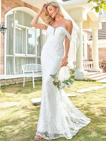 Floral Lace Off-Shoulder Fit and Flare Wedding Dress