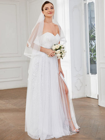 Strapless Sweetheart Lace Corset Back Side Slit Wedding Dress