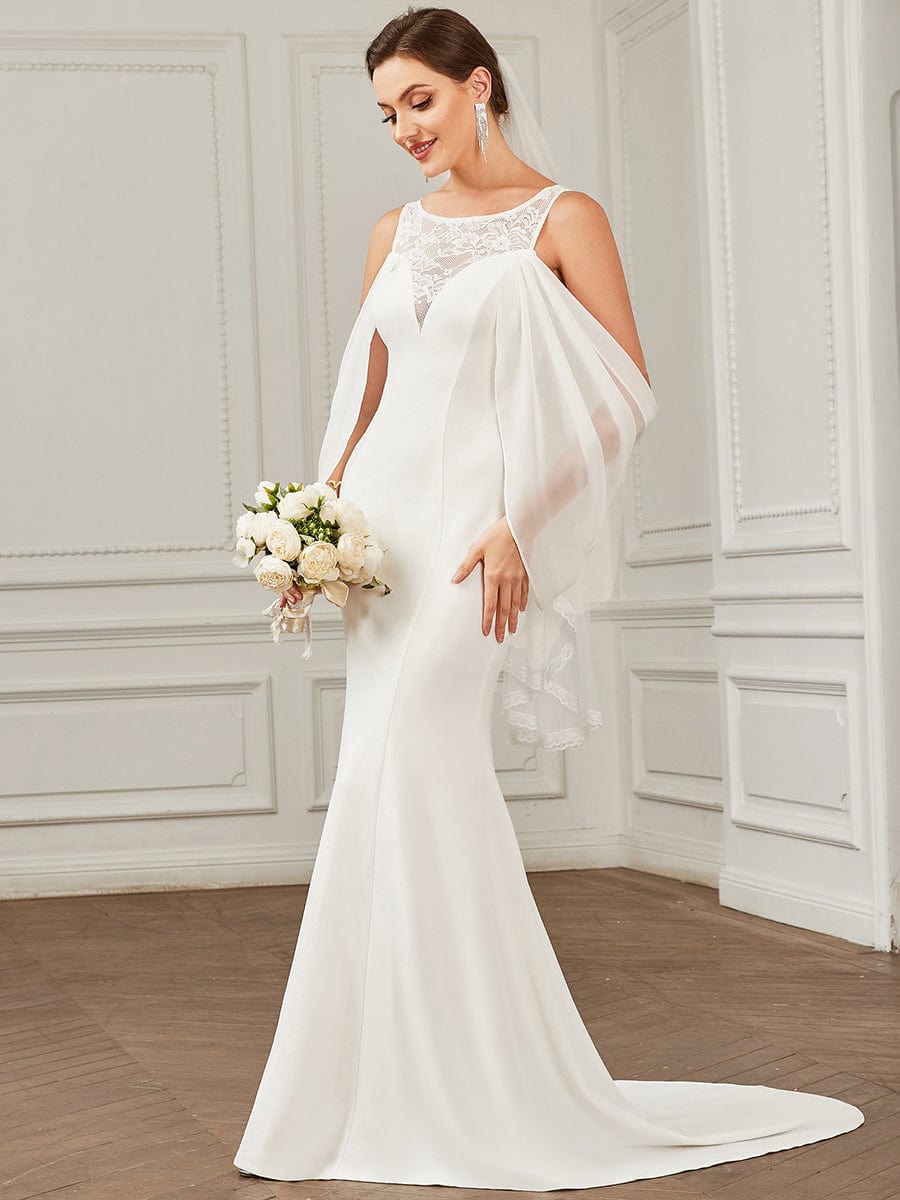 Chiffon Cold Shoulder Draped Sleeve Lace Fishtail Wedding Dress