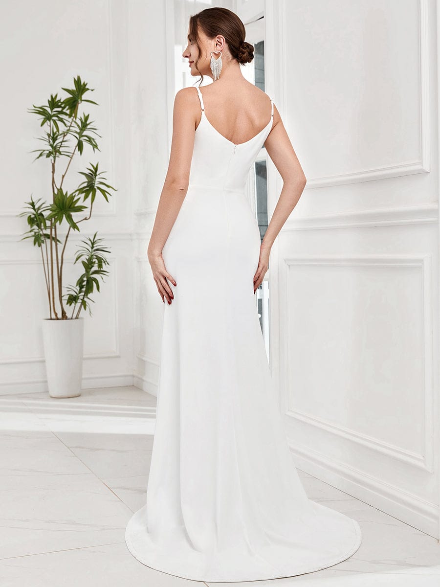 V-Neck Spaghetti Strap Lace A-Line Front Slit Wedding Dress