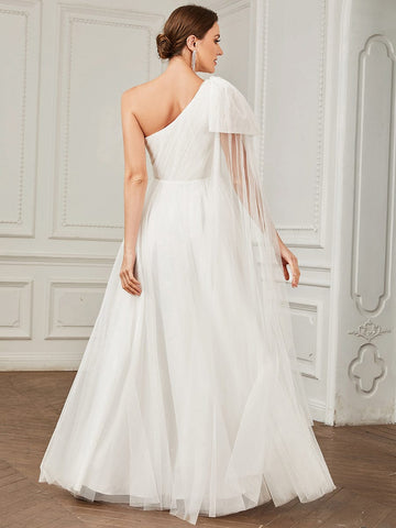Asymmetrical Tie Sleeve Cinched Waist Layered Tulle A-line Wedding Dress