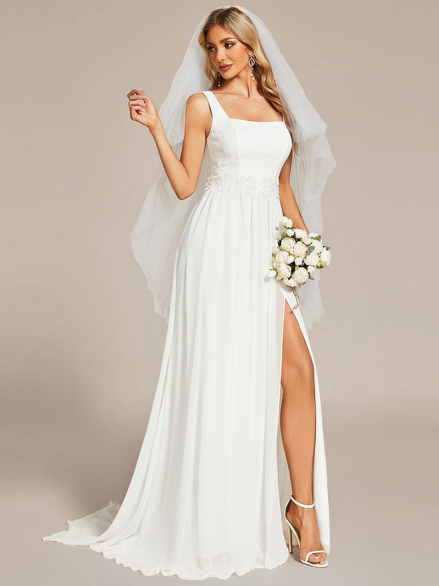 Minimalist Square Neckline High Slit Wedding Dress with Lace Applique