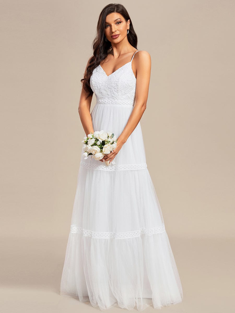 Spaghetti Strap Lace Embroidery A-Line Tulle Romantic Wedding Dress