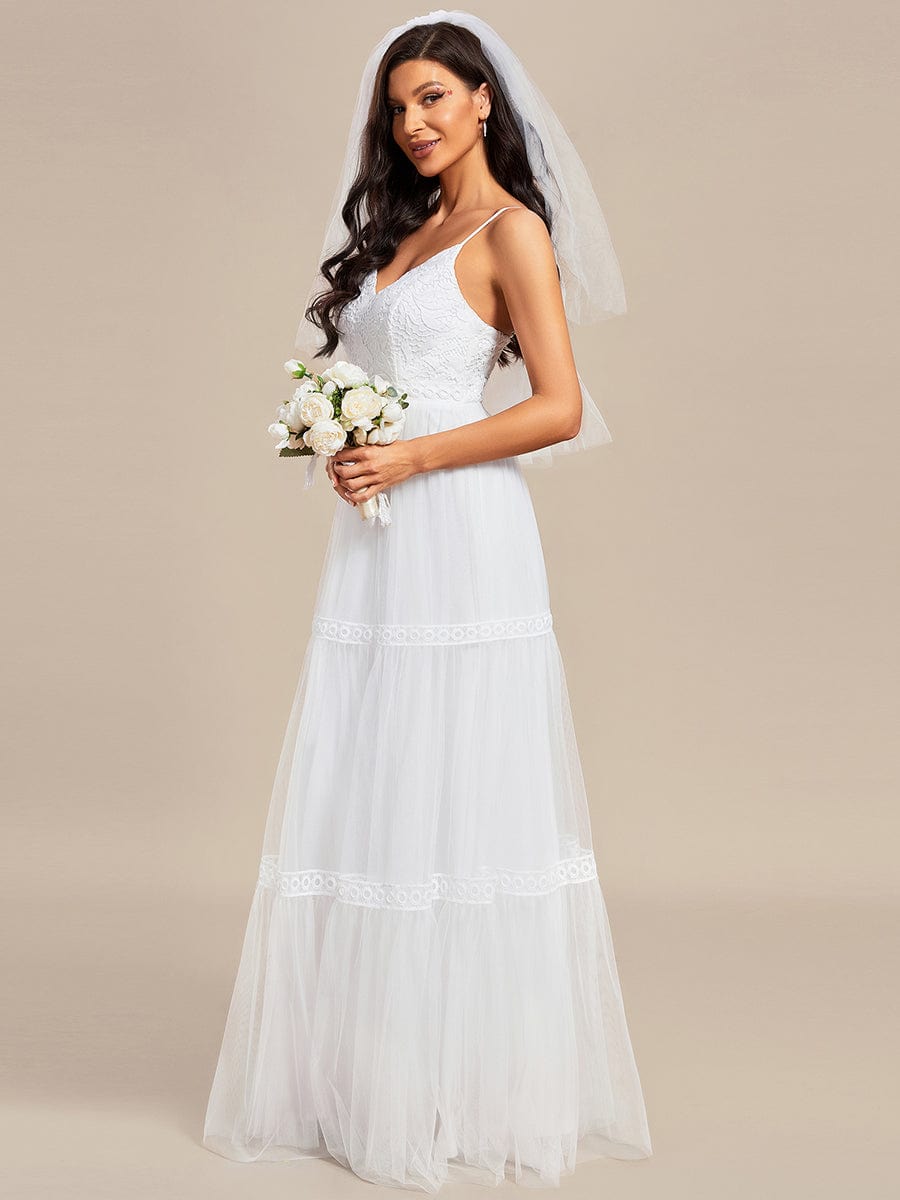 Spaghetti Strap Lace Embroidery A-Line Tulle Romantic Wedding Dress