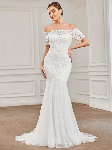 Off the Shoulder Lace Bodycon Fishtail Wedding Dress