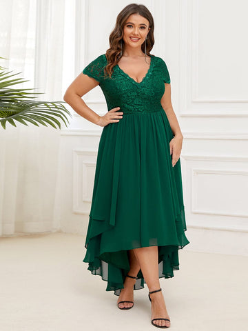 Plus Size High Low Short Sleeve Vintage Lace Mother of the Bride Dress