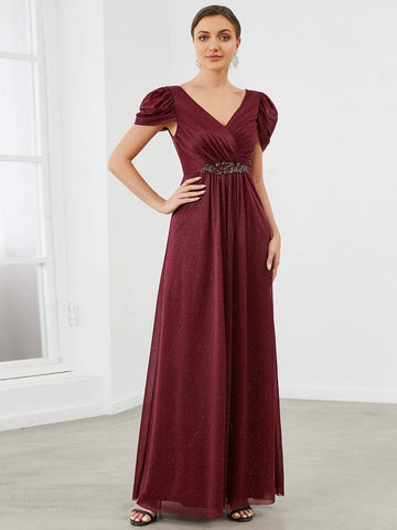 A-Line Sheer Puffed Sleeve Belted Sweetheart Ruched Mother of the Bride Dress