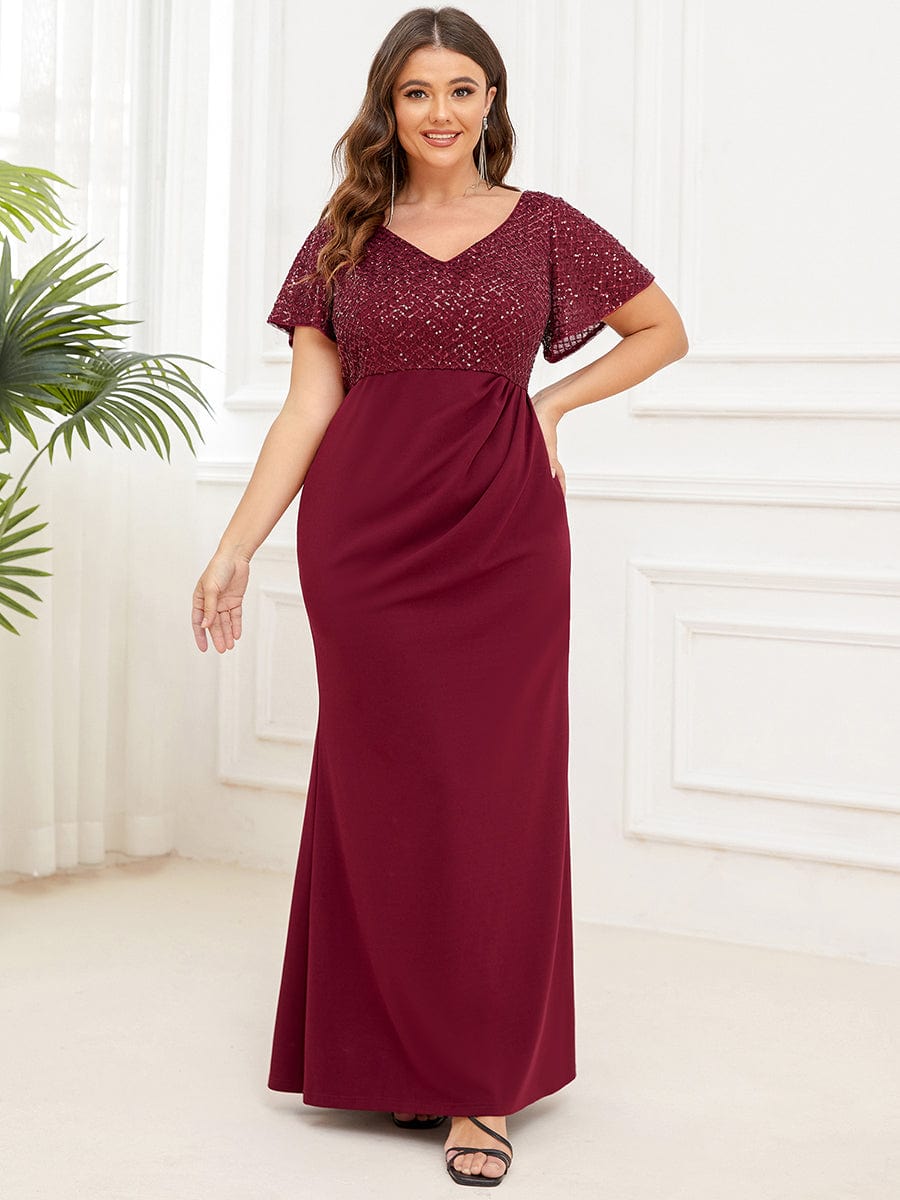 Plus Size Floor-Length Short Sleeve Sequin Mother of the Bride Dress