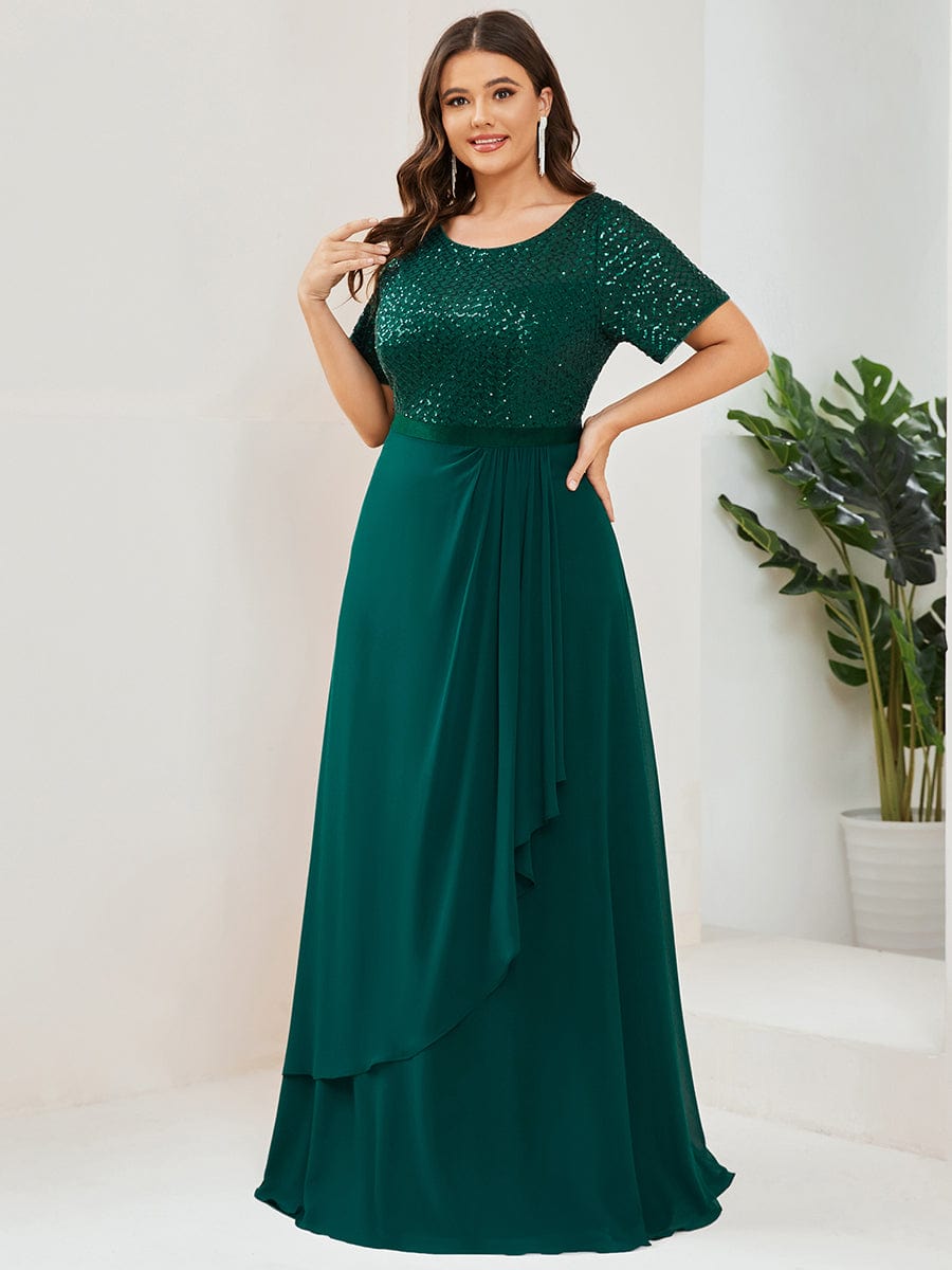 Plus Size Sequin Short Sleeve Belted Waist Chiffon Mother of the Bride Dress