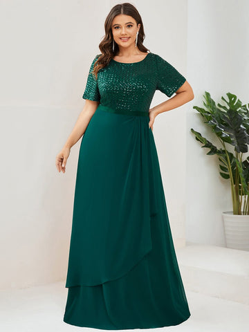 Plus Size Sequin Short Sleeve Belted Waist Chiffon Mother of the Bride Dress