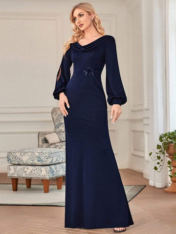 Lantern Sleeve Cowl Neck Knitting Mother of the Bride Dress