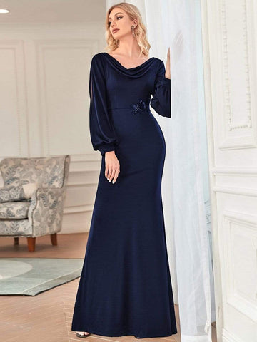 Lantern Sleeve Cowl Neck Knitting Mother of the Bride Dress