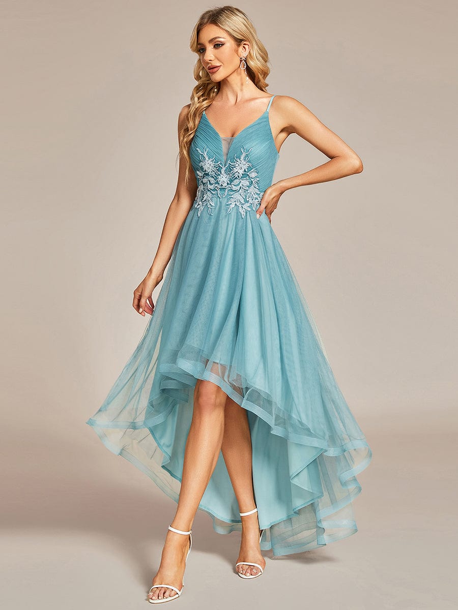 Stylish Floral Embroidered Waist High-Low Prom Dress