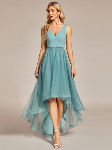 Sleeveless Tulle High Low Prom Dress with Waist Chain