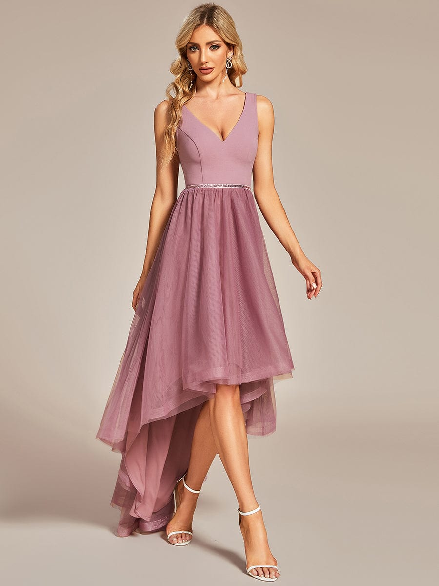 Sleeveless Tulle High Low Prom Dress with Waist Chain