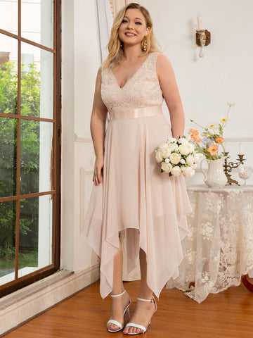 Deep V-Neck Lace Chiffon Bridesmaid Dress with Asymmetrical Hem