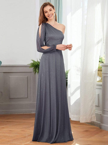 Charming One Shoulder Evening Dresses with Long Sleeve