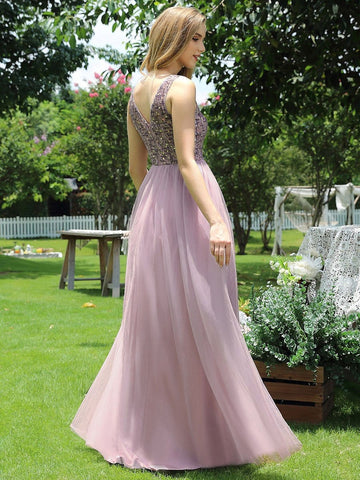 Adorable Round Neck Tulle Backless Evening Dress with Paillette