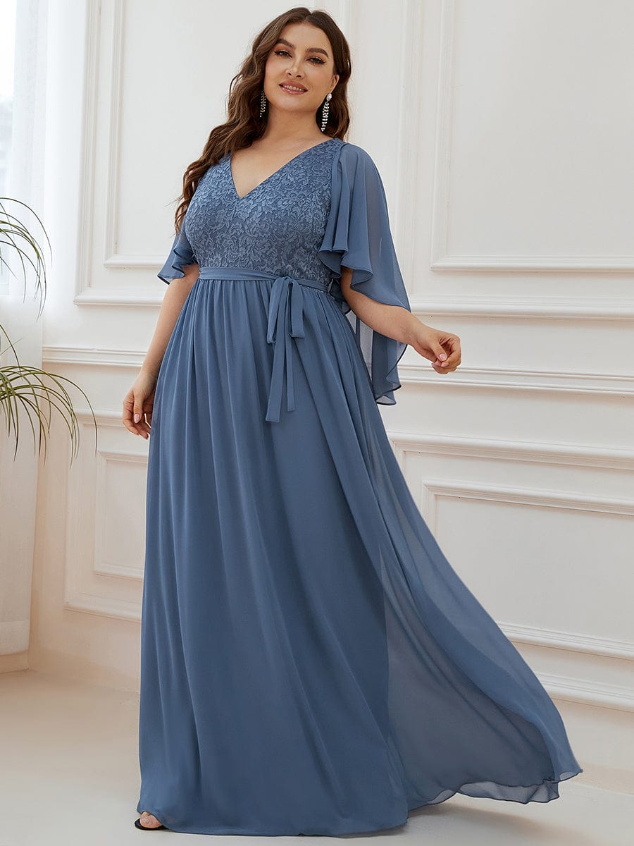 Plus Size Deep V Neck Lace Bodice Long Flowy Evening Dress – Curvepretty