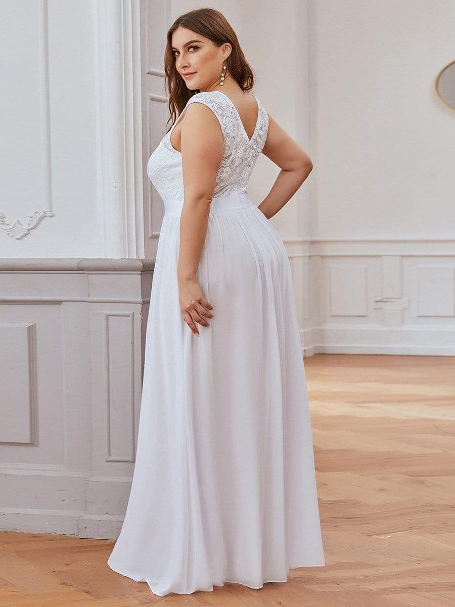 Plus Size Lace Bodice V Back Maxi Chiffon Elopement Wedding Dress