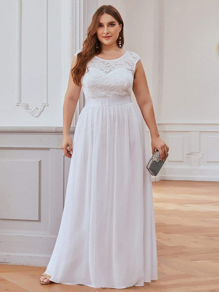 Plus Size Lace Bodice V Back Maxi Chiffon Elopement Wedding Dress