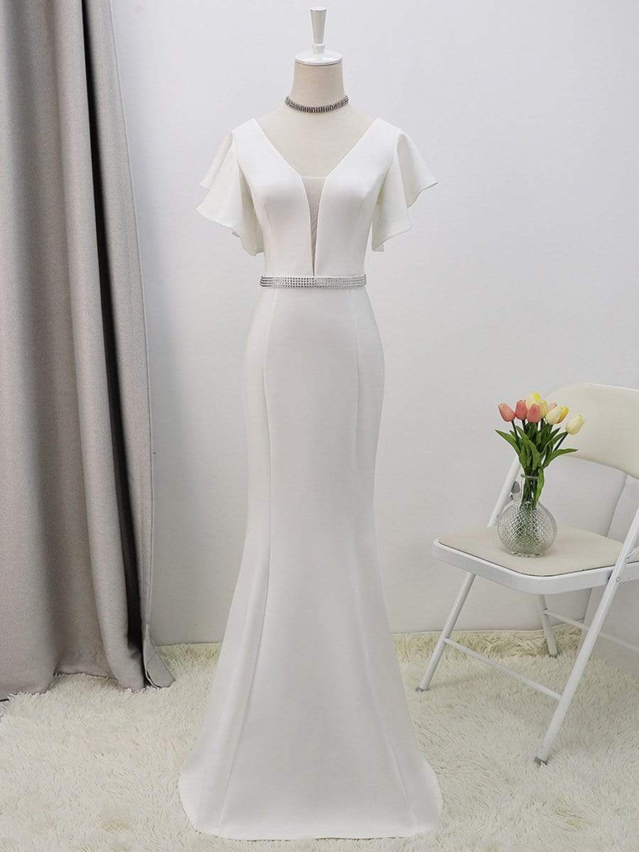 Plain Maxi Fishtail Corset Elopement Wedding Dress with Ruffle Sleeves