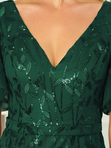 Shiny V Neck Leaf-Sequined Bodycon Formal Evening Dresses