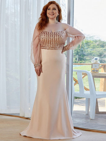 Plus Size Off-Shoulder Long Sleeve Sequin Formal Dresses
