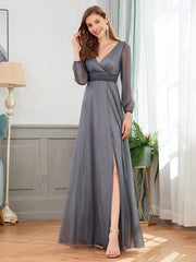 Women's Sexy Long Sleeve V-Neck Shiny Evening Dress