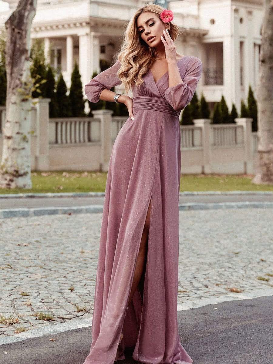 Women's Sexy Long Sleeve V-Neck Shiny Evening Dress