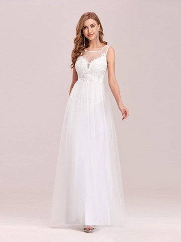 Elegant See Through Round Neck Applique Tulle Bridesmaid Dress