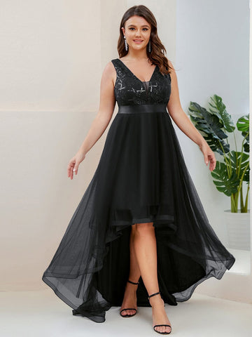 Plus Size Sequin High-Low Deep V Neck Tulle Evening Dresses