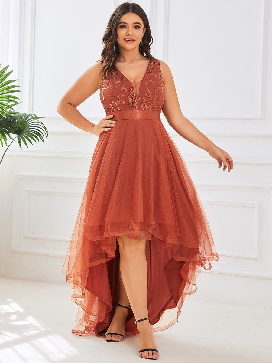 Plus Size Sequin High-Low Deep V Neck Tulle Prom Dresses