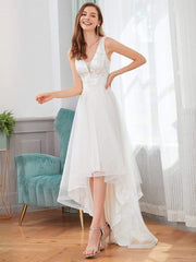 Fashion Sequin Appliques High-Low Tulle Elopement Dress for Wedding