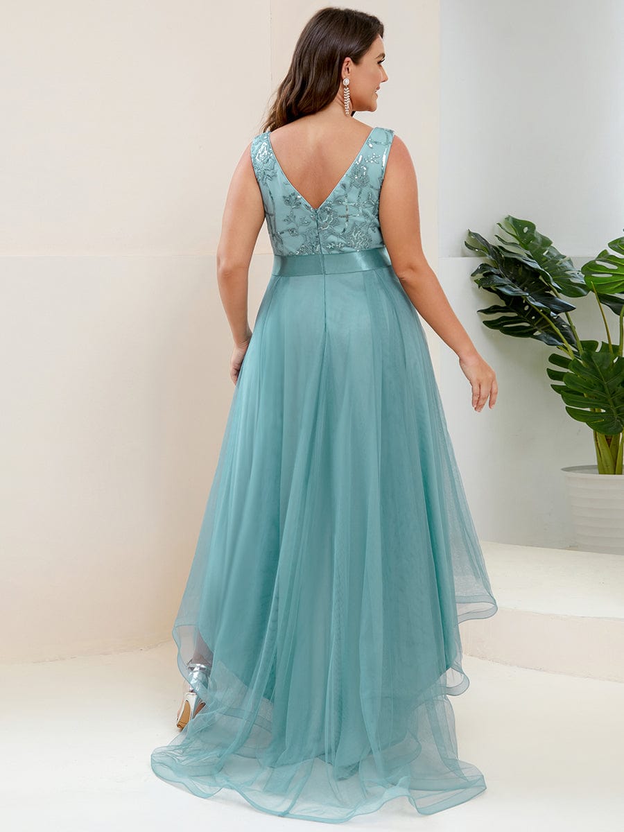 Plus Size Sequin High-Low Deep V Neck Tulle Evening Dresses