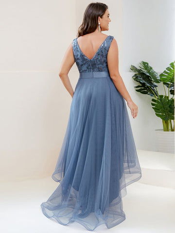 Plus Size Sequin High-Low Deep V Neck Tulle Prom Dresses