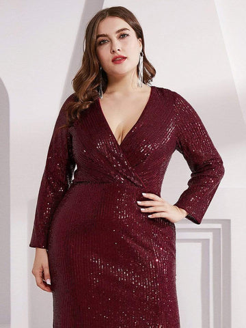 Plus Size Sexy Deep V-Neck Sequin Bodice Formal Evening Gowns