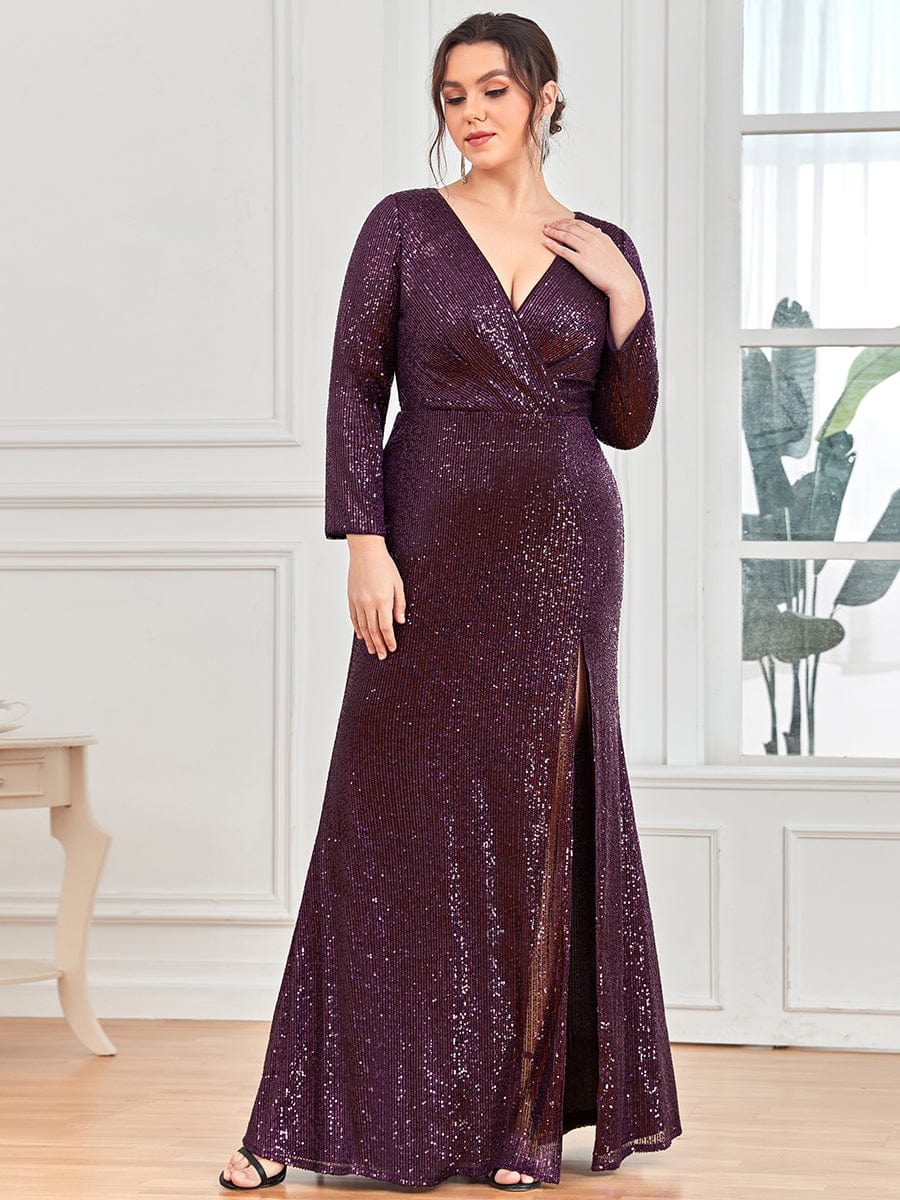 Plus Size Sexy Deep V-Neck Sequin Bodice Formal Evening Gowns