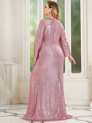 Plus Size V Neck Long Sleeve Sequin Formal Prom Dress